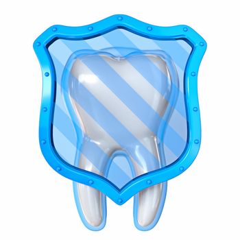Tooth protection concept with blue shield 3D render illustration isolated on white background