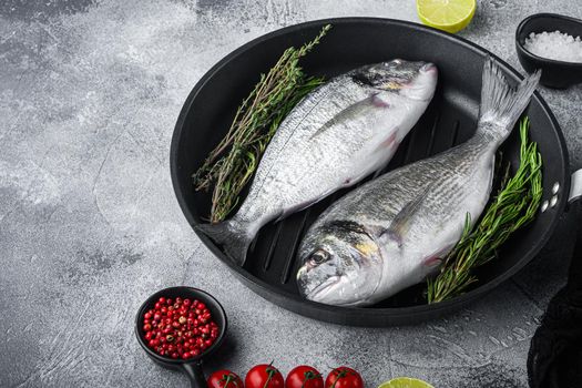 Raw sea bream or dorado raw fish on grill pan with ingredients on grey white textured background, side view space for text