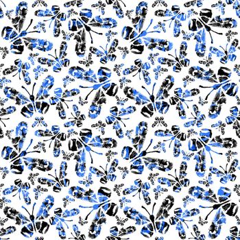 Abstract butterfly seamless pattern in blue, white and black colors. Grunge splash draw paint