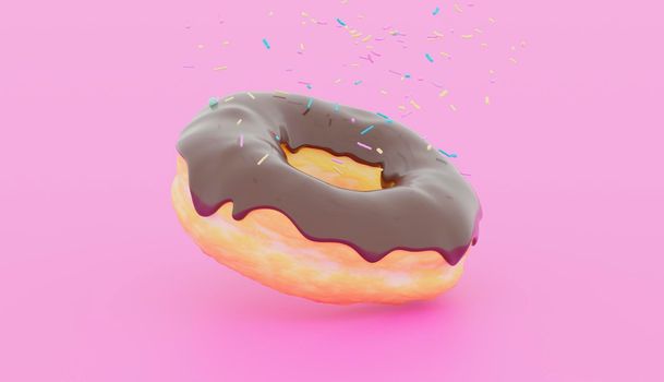 chocolate donut on a pink background with colorful confetti falling on it