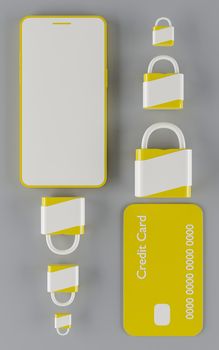 yellow mobile phone with blank screen, security padlocks and yellow credit card on a gray background. 3d render