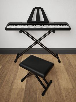 3d electronic piano representation on a metal stand inside a house with a black leather armchair