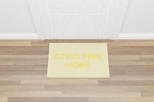 COVID FREE HOME" carpet in front of the door of a house welcoming people. 3d render