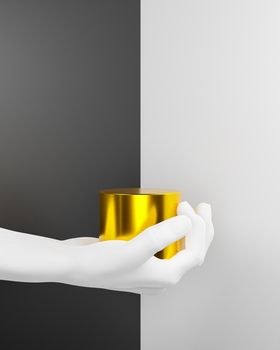 product mockup with a white hand holding a gold cylinder on a black and white background. 3d render