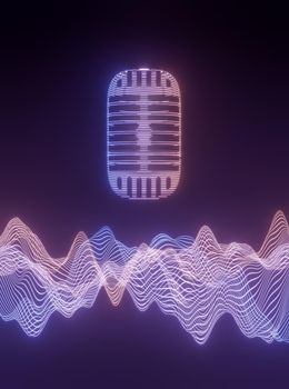 retro microphone shape with luminous lines and sound wave . 3d render