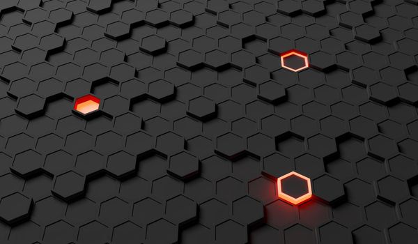 abstract background of black hexagons with randomly illuminated ones. 3d rendering