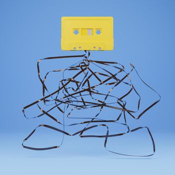 old yellow cassette with the ribbon tangled underneath on blue background. 3d rendering