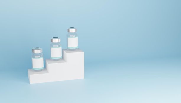 mockup vaccine bottles with blank label on a podium and copyspace. 3d render