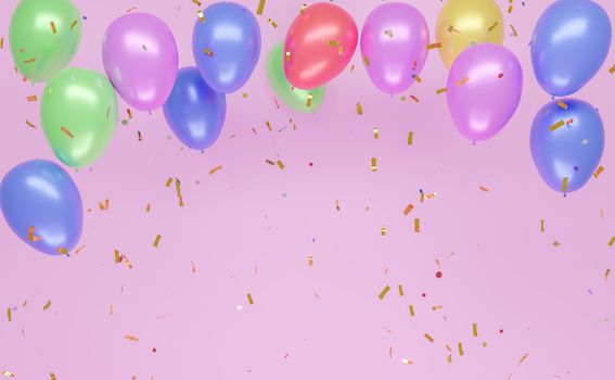 background with colorful balloons on pink wall with full color confetti falling down. copyspace. 3d rendering