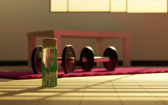 green water bottle in living room with dumbbells and home exercise mat with a window behind it. 3d render