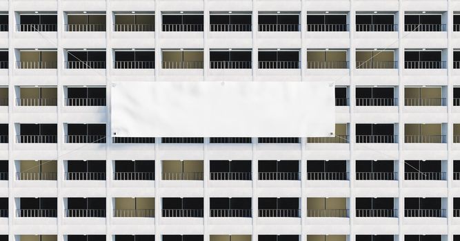 facade of a building full of balconies with a giant blank banner hanging. mockup. 3d rendering