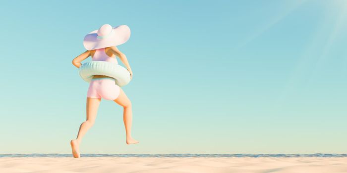banner of a girl in a hat and pink bikini on the beach with a blue float running into the water with clear sky. 3d rendering
