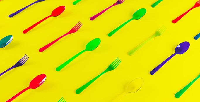 pattern of colorful transparent plastic spoons and forks on yellow background. 3d rendering