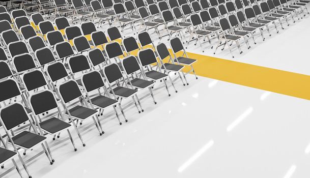 room full of folding chairs with a yellow carpet in the center. 3d render