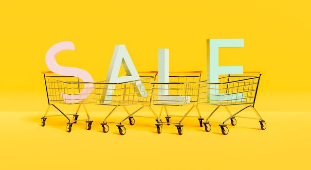 giant letters inside shopping carts with the word SALE on yellow background. 3d render