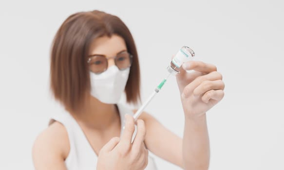 white girl with mask filling a syringe with coronavirus vaccine. out of focus girl and vaccine in foreground with white background . 3d render