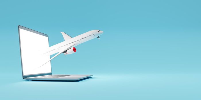 airplane coming out of a laptop with blue background. online travel concept. 3d render