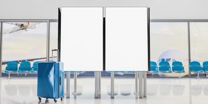 mock up information screens in an airport with a blue suitcase in front and airplanes in the background out of focus. 3d rendering