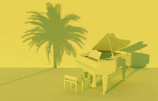 grand piano in green monochromatic scenery with palm tree shadow on the wall. 3d render