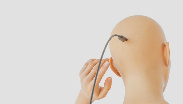 head of hairless person with a usb cable plugged in and a hand going to touch it. white background. 3d rendering