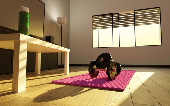 dumbbells and exercise mat in the living room of a house with a television and a table with the window in the background. 3d render