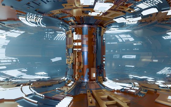 futuristic abstract electronic circuit style scenery with column in the center. 3d render