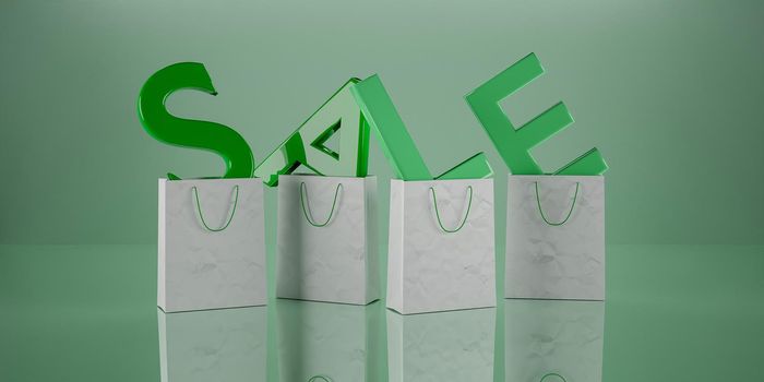 sign with the word "SALE" in green with the letters inside paper bags. 3d render