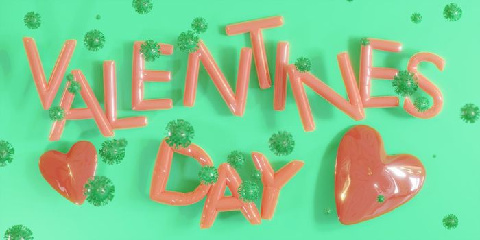 3d representation of valentine's day red balloons on a green background and coronavirus falling on them