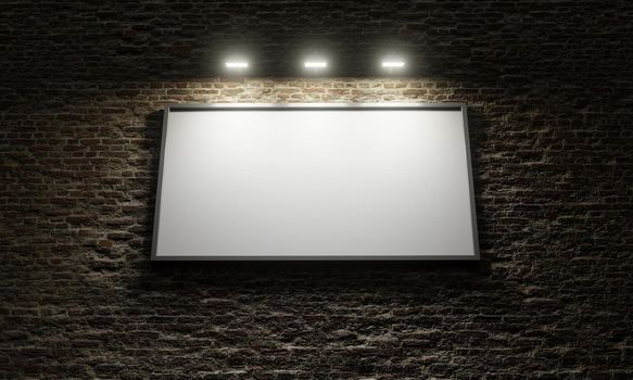 ADVERTISING POSTER IN WHITE ON BRICK WALL WITH SPOTLIGHTS ILLUMINATING IT