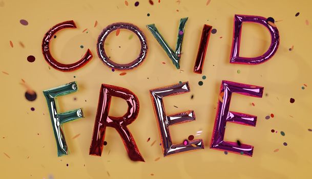bright and colorful balloon sign with the phrase "covid free" and colorful confetti falling on orange wall. 3d render