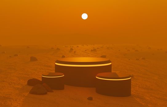 product podium on martian landscape with 3 cylindrical bases with the sun behind. 3d rendering