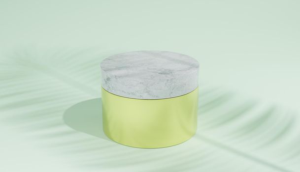 gold cosmetic jar with marble lid on green background and palm leaf shadow. 3d illustration