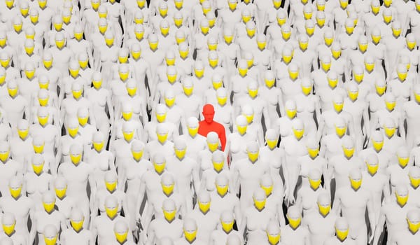 many white mannequins with yellow masks and one in red with no mask on. 3d render