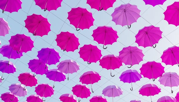 many pink umbrellas hanging in the street with a sunny sky. 3d render