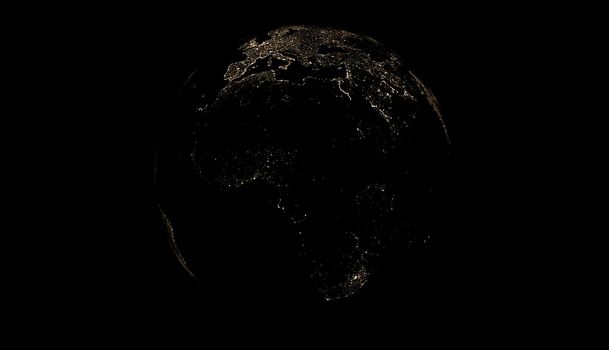 image of the earth in darkness with the lights of the cities illuminating from space. 3d illustration