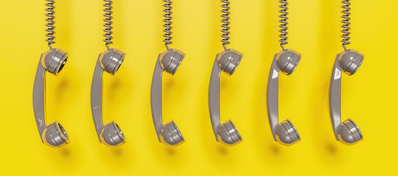 banner of grey antique telephone headset hanging from cable on yellow background. 3d rendering