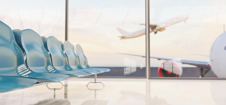 row of waiting chairs at an airport with planes taking off in the out-of-focus background. 3d rendering