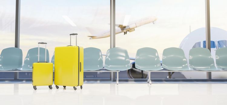 airport with two yellow suitcases in the foreground and planes taking off in the background out of focus. 3d rendering
