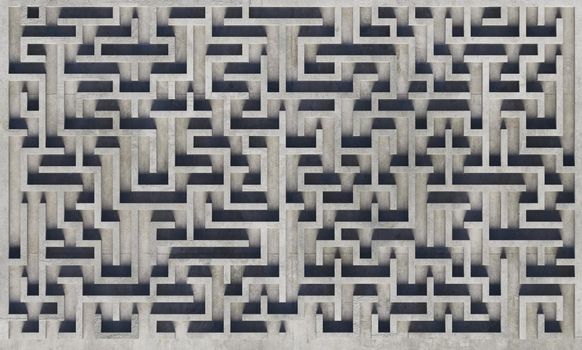 top view of a gray concrete maze with soft shadows. 3d rendering