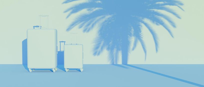 blue monochromatic scene with two suitcases and a palm tree shadow on the wall. 3d render