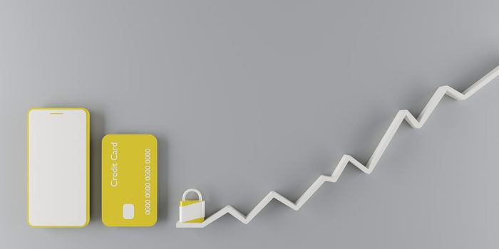 yellow cell phone and credit card next to a padlock with an ascending graphic on a gray background. 3d render