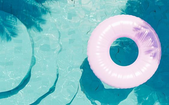 blue bottom pool with round stairs seen from above with a pink float and shade of palm trees. 3d render