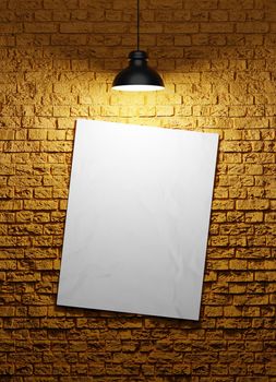 poster on a brick wall background with a light bulb. mockup. 3d render