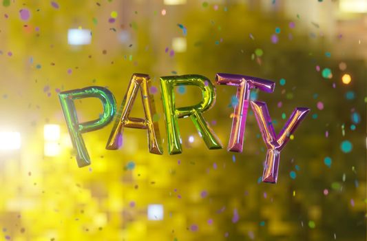 Balloon sign with the word "PARTY" with shiny confetti falling on a luminous background. 3d render