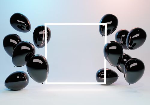 empty light frame with glowing black balloons around it and background lights. copyspace. 3d rendering