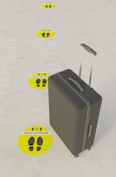 black suitcase on marble floor with social distance sticker waiting in the queue. 3d render