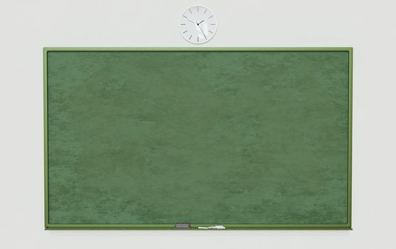 school blackboard on white wall with eraser and chalk underneath and a clock on top. 3d rendering