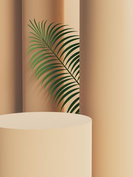 cylindrical product stand with rear columns and palm leaf peeking out from behind. 3d rendering