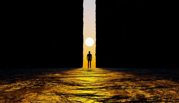 silhouette of a person between a rock wall with the sun in front of him. 3d render