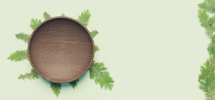 dark wooden plate with pine leaves underneath and on the side of the image on pastel green background. 3d illustration